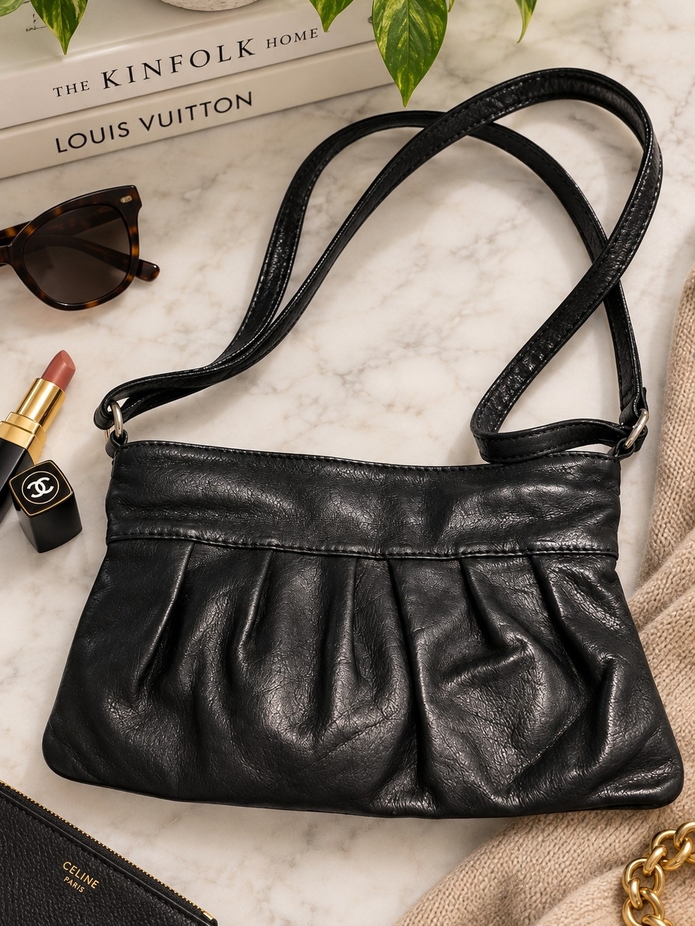 🖤 Genuine Leather Black Ruched Crossbody Shoulder Bag | Made in Italy